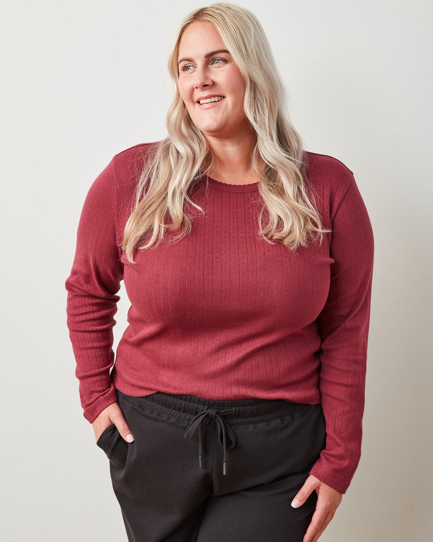 Wine - Pointelle Long Sleeve - Shirt