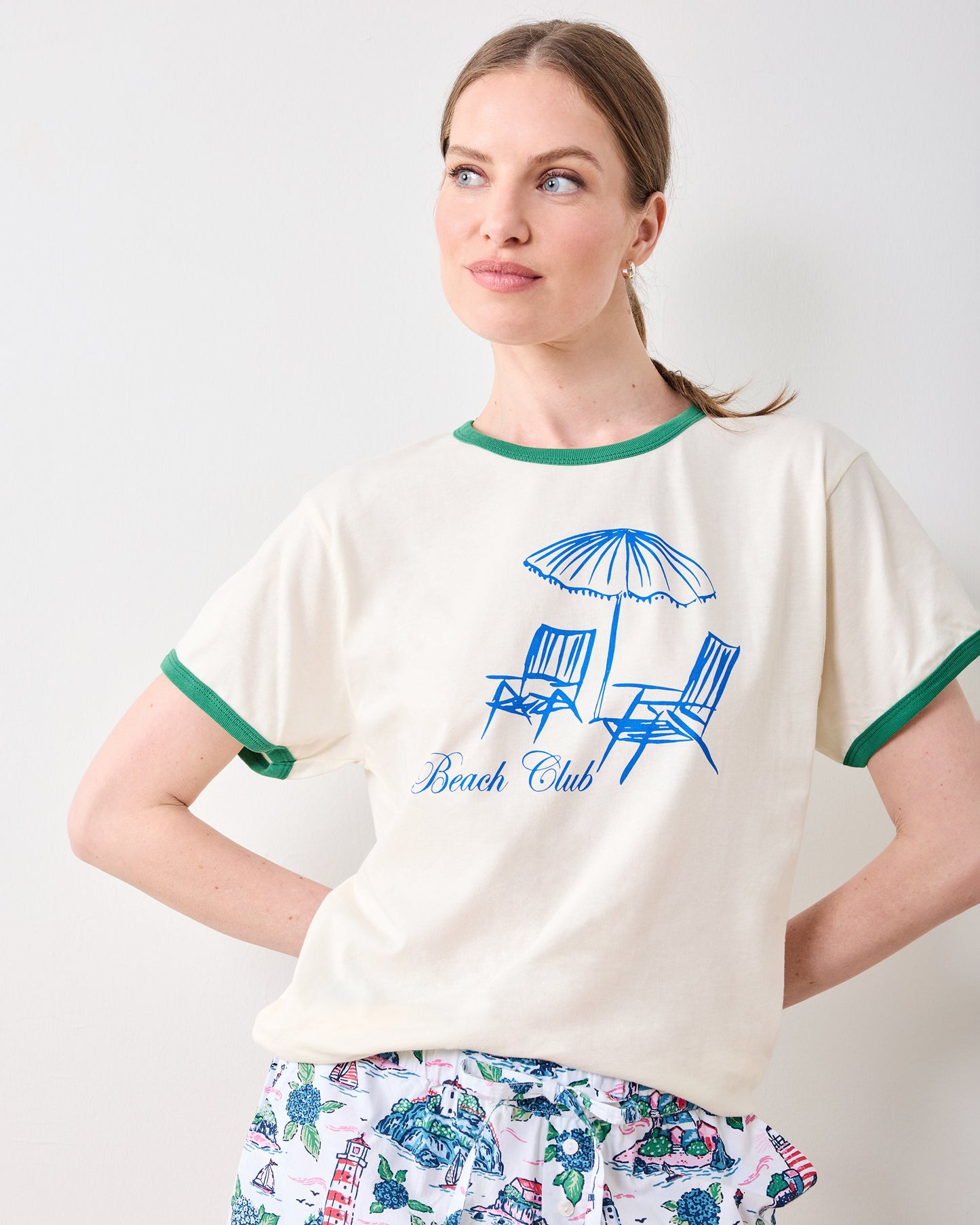 Natural/Green - Beach Club Ringer Graphic Tee - Oat Collective