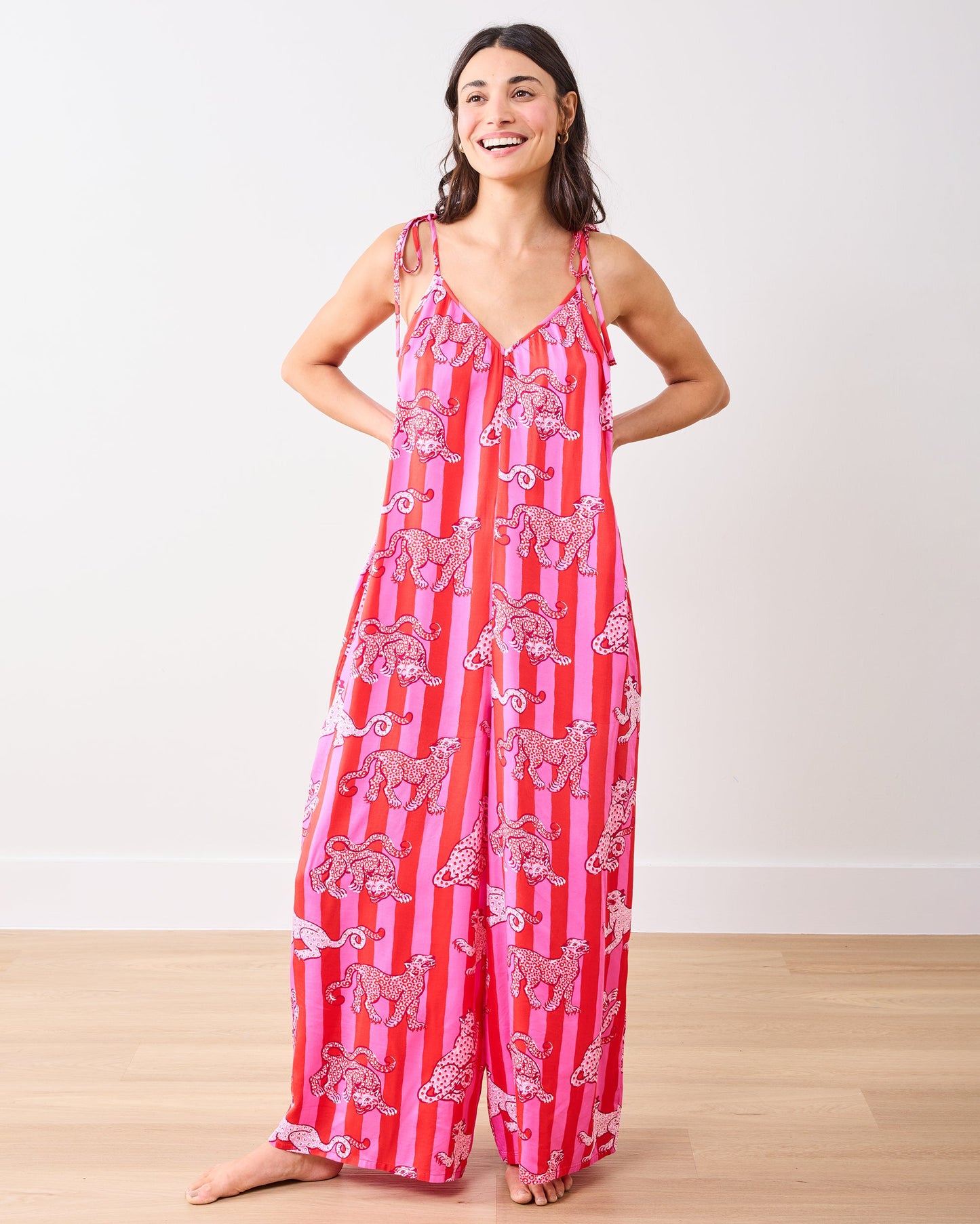 Leopard Stripes - Eco Satin Jaipur Jumpsuit - Pink Cabana
