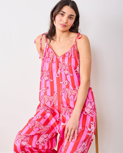 Leopard Stripes - Eco Satin Jaipur Jumpsuit - Pink Cabana