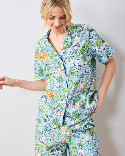 Must Love Cats - Short Sleeve Top & Cropped Pants Set  - Cornflower