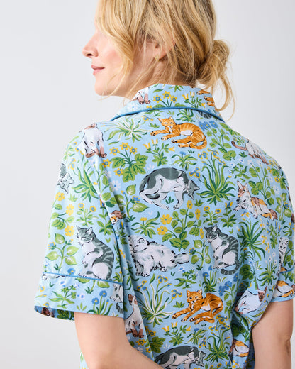 Must Love Cats - Short Sleeve Top & Cropped Pants Set  - Cornflower