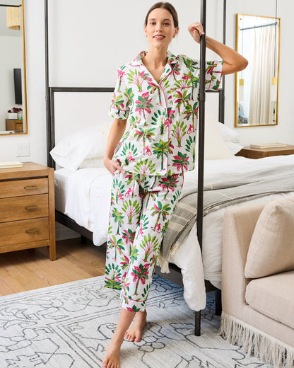 Royal Palms - Short Sleeve Top & Cropped Pants Set - Pink Basil