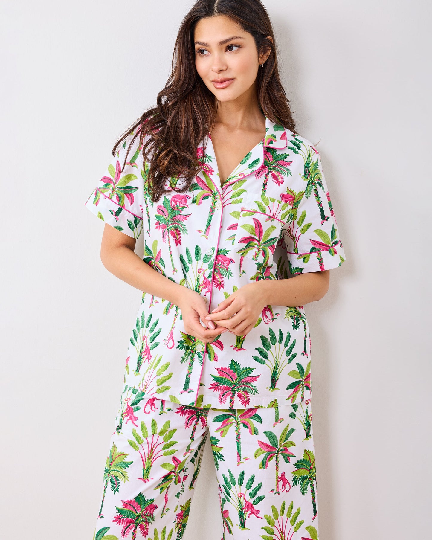 Royal Palms - Short Sleeve Top & Cropped Pants Set - Pink Basil