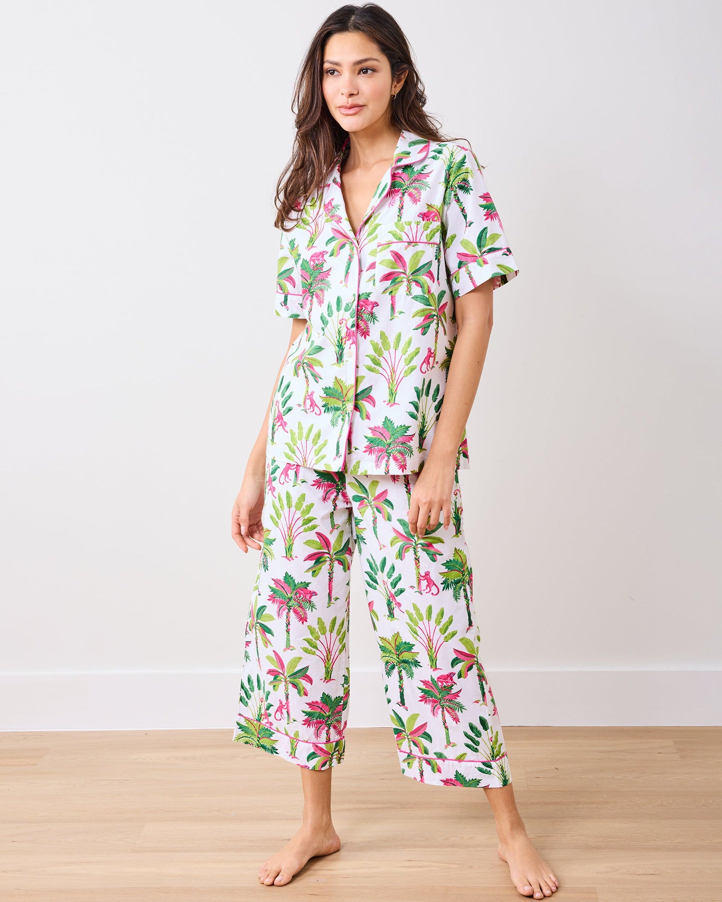 Royal Palms - Short Sleeve Top & Cropped Pants Set - Pink Basil