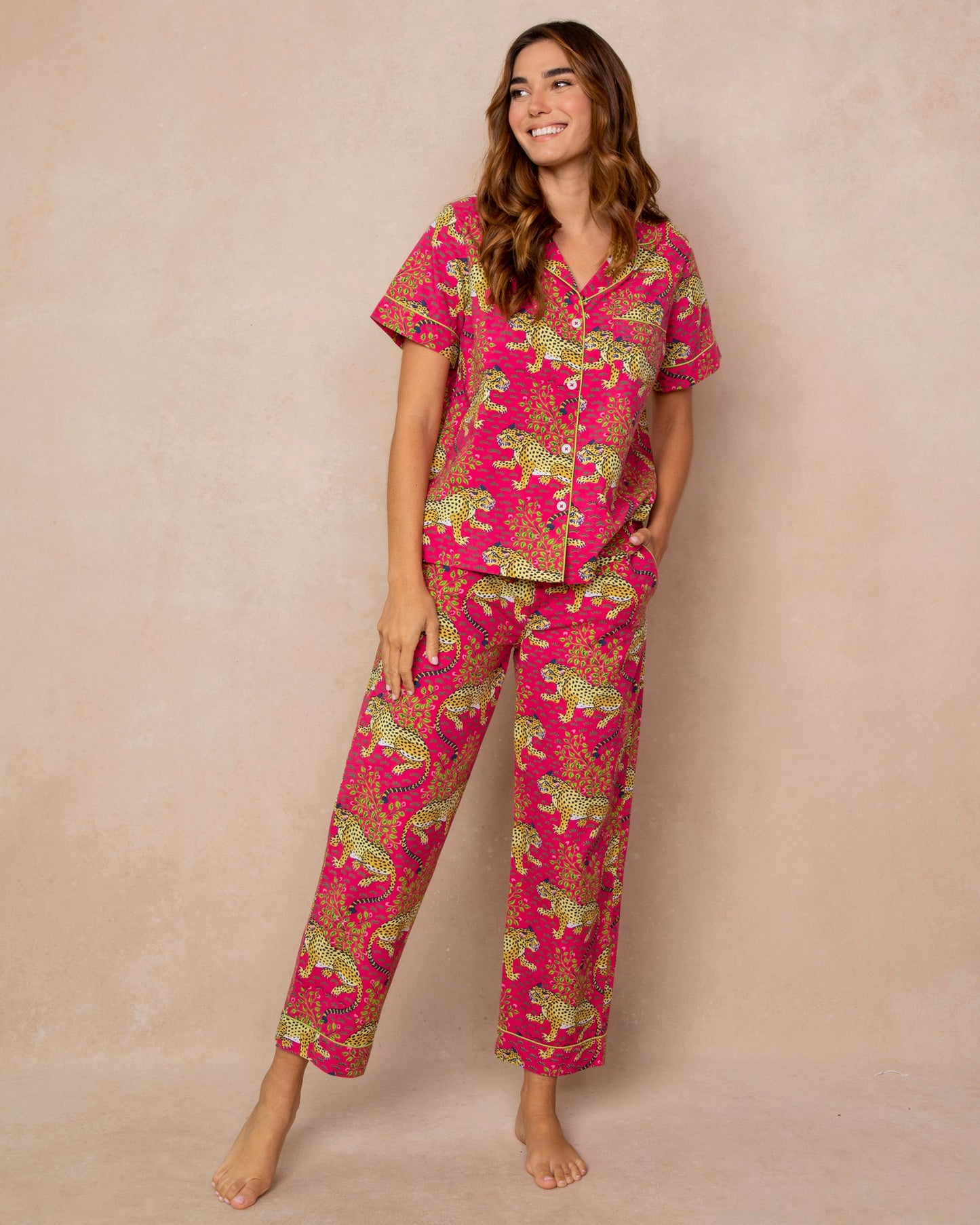 Bagheera - Short Sleeve Top & Long Pants Set - Hot Pink